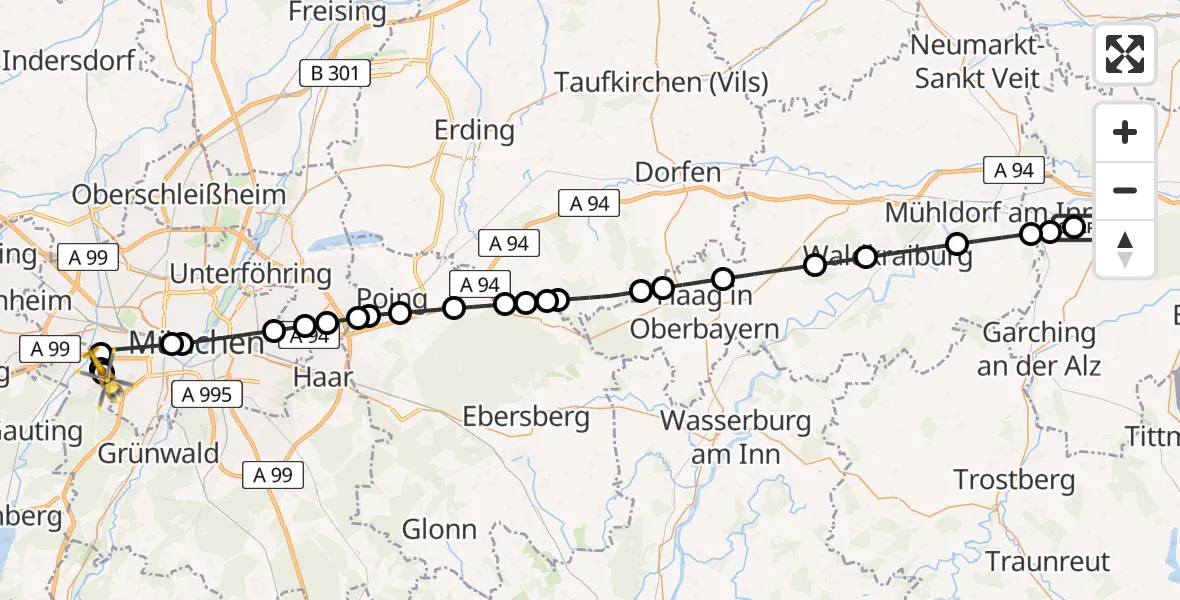 Flugroute Rettungshubschrauber Altötting - DRF Air Rescue München Hubschrauberlandeplatz, 04 Juni 2026, 14:22