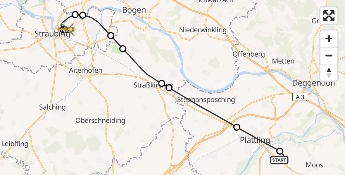 Flugroute Rettungshubschrauber Aholming - Sankt Elisabeth Hospital Straubing, 04 Juni 2026, 14:27