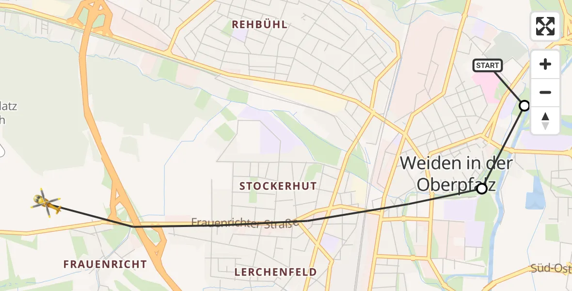 Flugroute Rettungshubschrauber Weiden Hospital - Weiden i.d.OPf., 04 Juni 2026, 14:36