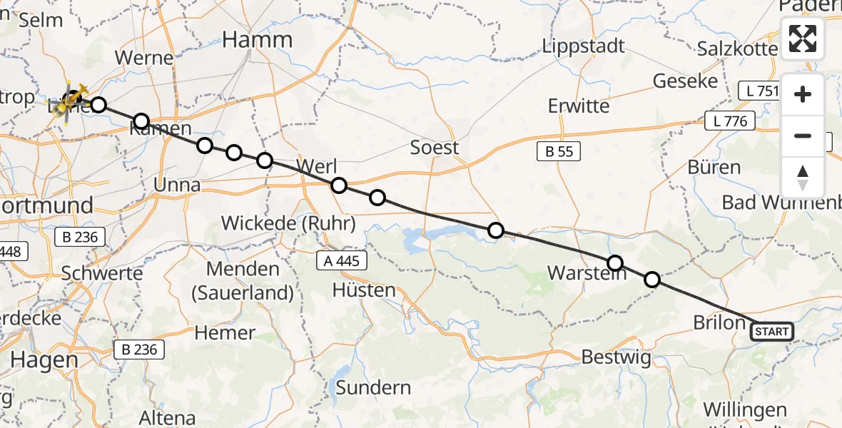 Flugroute Rettungshubschrauber Brilon - Sankt Marien Hospital, 04 Juni 2026, 14:45