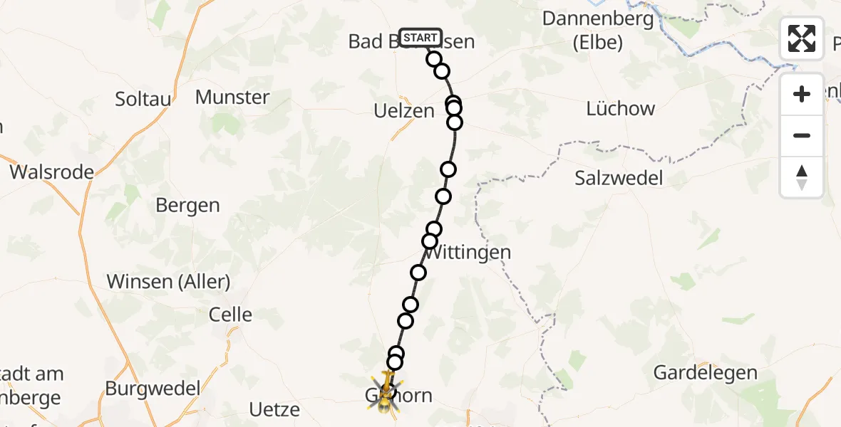 Flugroute Rettungshubschrauber Bad Bevensen - Gifhorn Bundespolizei Hubschrauberlandeplatz, 04 Juni 2026, 14:58