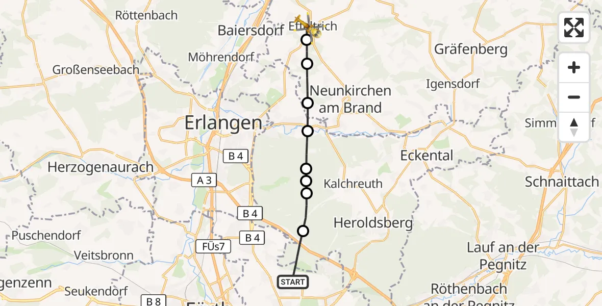Flugroute Ambulanzhubschrauber Flughafen Nuremberg - Effeltrich, 04 Juni 2026, 15:02