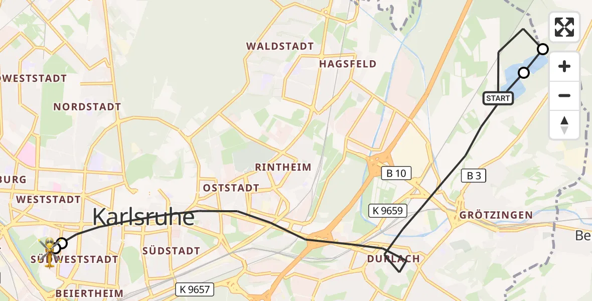 Flugroute Ambulanzhubschrauber Karlsruhe - Sankt Vincentius Hospital, 04 Juni 2026, 15:08