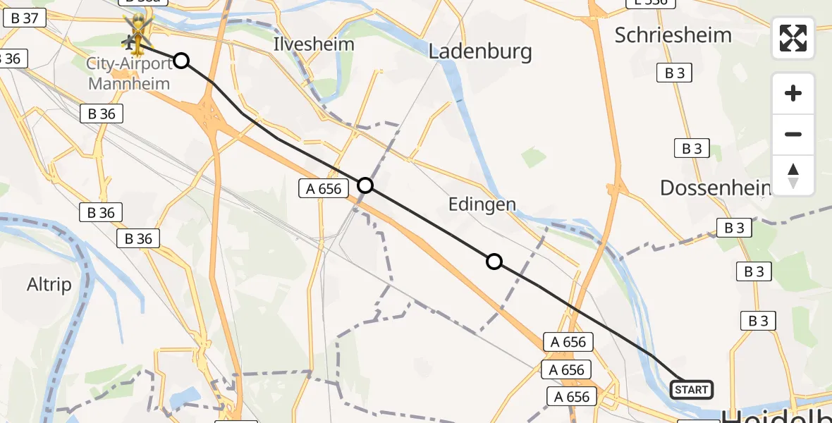 Flugroute Rettungshubschrauber Heidelberg - Mannheim-City Flughafen, 04 Juni 2026, 15:11