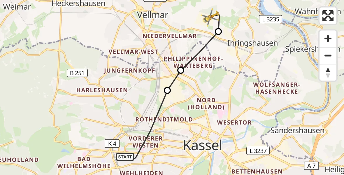 Flugroute Rettungshubschrauber Kassel - Fuldatal Bundespolizei Hubschrauberlandeplatz, 04 Juni 2026, 15:13