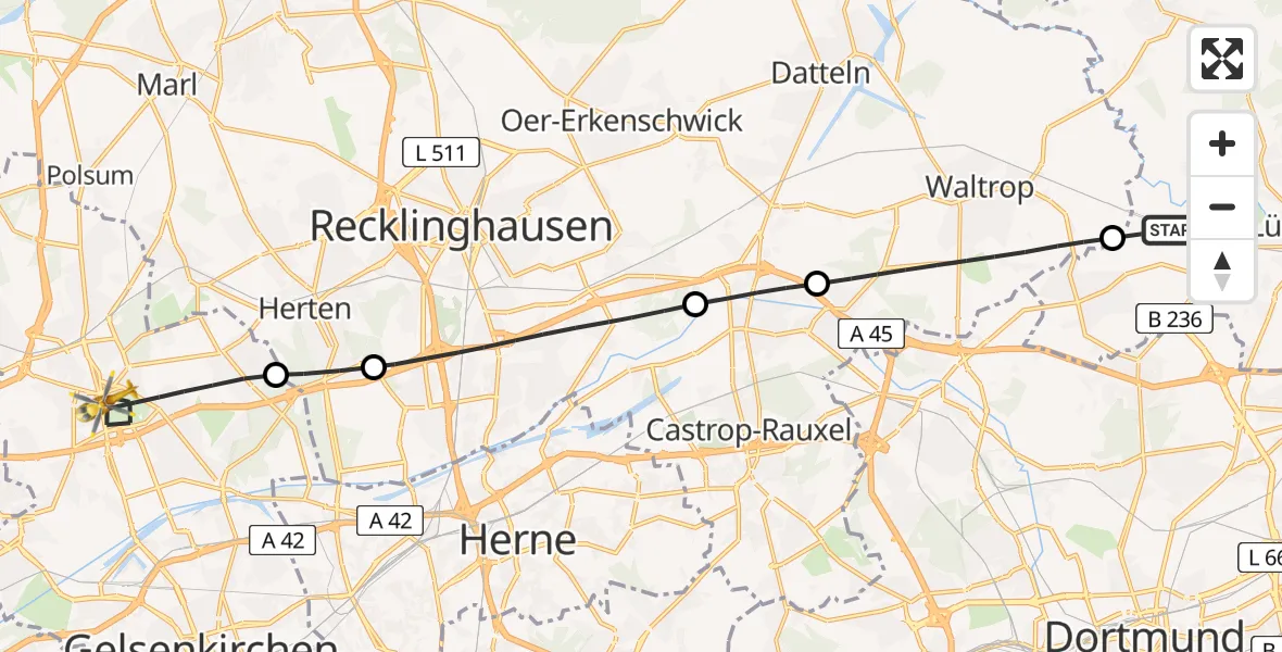 Flugroute Rettungshubschrauber Lünen - Gelsenkirchen, 04 Juni 2026, 15:19