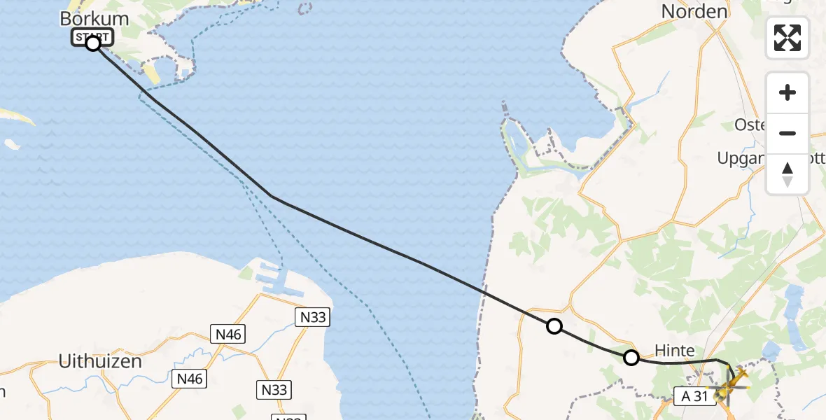 Flugroute Ambulanzhubschrauber Borkum Island Hospital - Hinte, 04 Juni 2026, 15:44