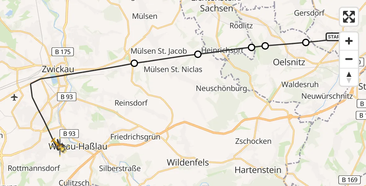 Flugroute Rettungshubschrauber Lugau/Erzgeb. - Zwickau, 04 Juni 2026, 15:47