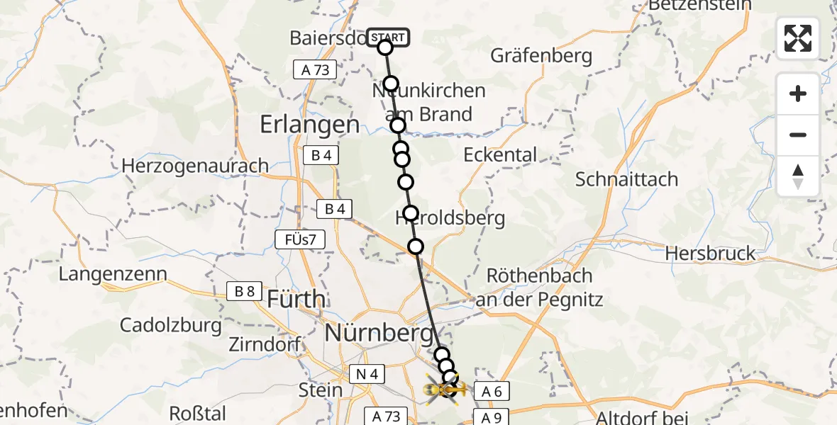 Flugroute Ambulanzhubschrauber Effeltrich - Nürnberg South Hospital, 04 Juni 2026, 15:51