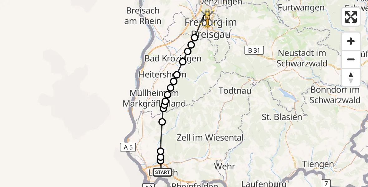 Flugroute Rettungshubschrauber Lörrach - Freiburg im Breisgau Flugplatz, 04 Juni 2026, 15:52