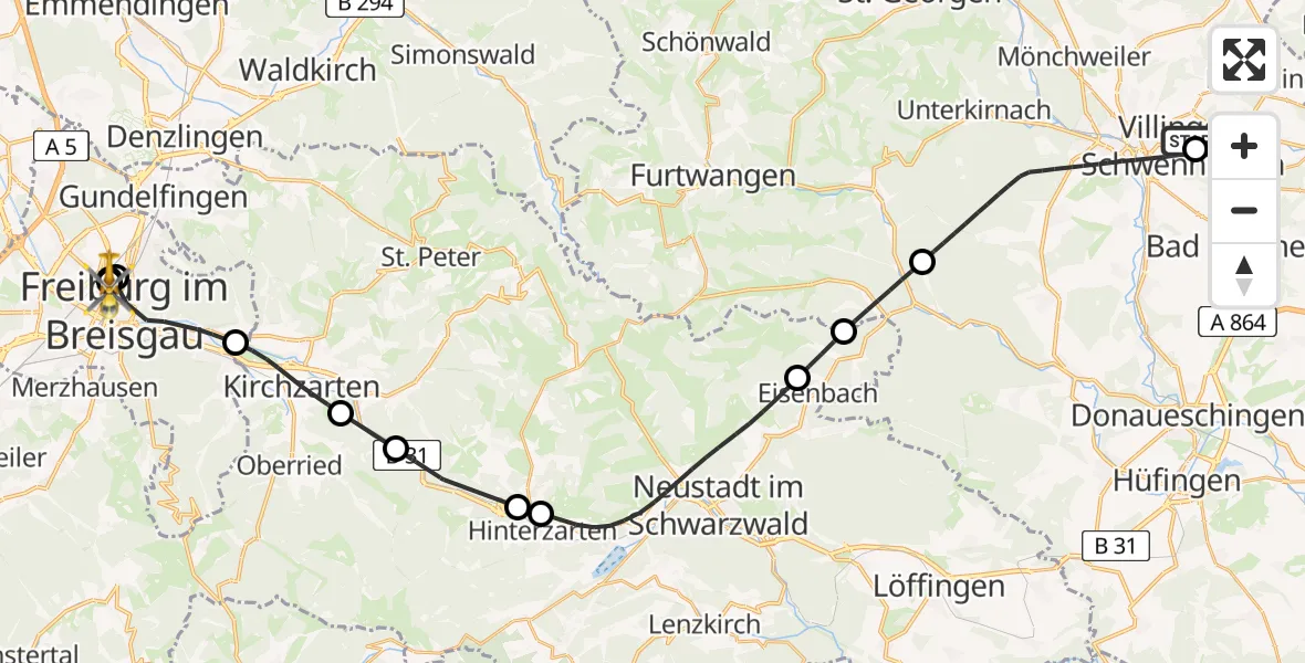 Flugroute Ambulanzhubschrauber DRF Air Rescue Station Villingen-Schwenningen Hubschrauberlandeplatz (Christoph 11) - Freiburg University Hospital Heliport 2, 04 Juni 2026, 15:54