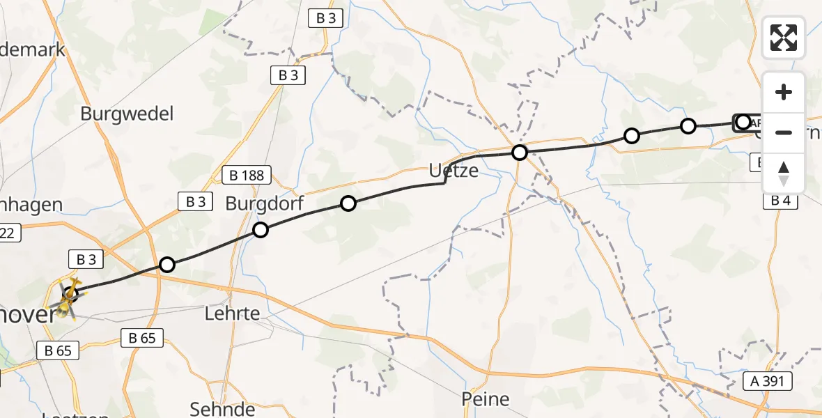 Flugroute Rettungshubschrauber Gifhorn Bundespolizei Hubschrauberlandeplatz - Hannover Luftrettung Hubschrauberlandeplatz (Christoph 4), 04 Juni 2026, 15:55