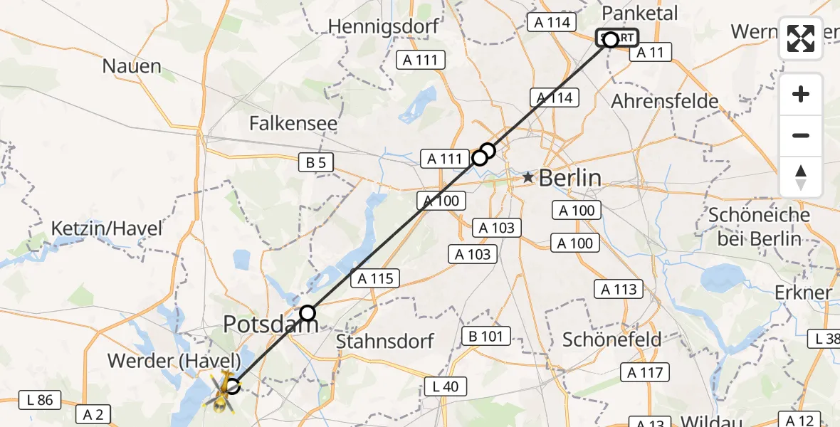 Flugroute Rettungshubschrauber Helios Clinic Berlin-Buch - Schwielowsee, 04 Juni 2026, 15:55