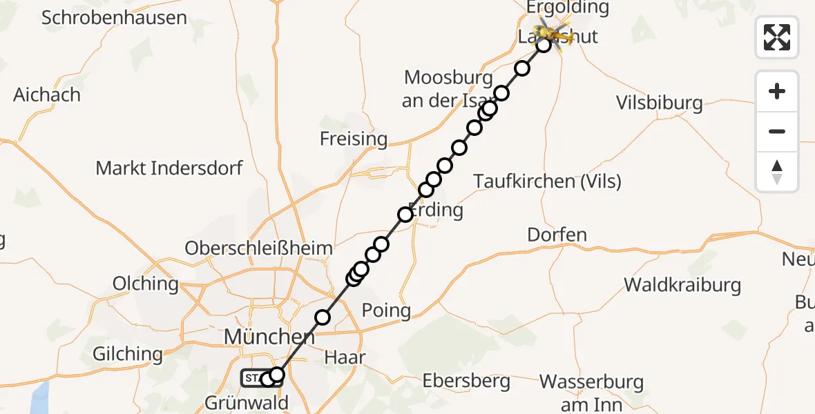 Flugroute Rettungshubschrauber ADAC Air Rescue Center Hubschrauberlandeplatz (Christoph 1) - Landshut Hospital Hubschrauberlandeplatz, 04 Juni 2026, 15:58