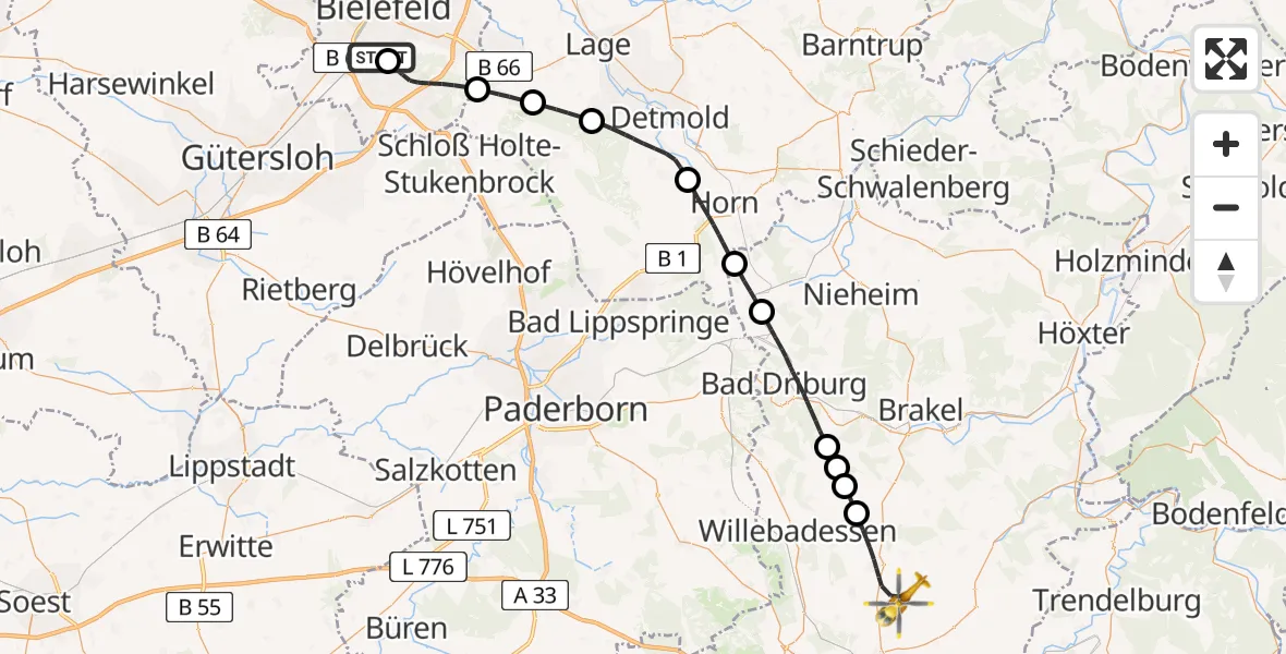 Flugroute Rettungshubschrauber Luftrettungszentrum Bielefeld - Willebadessen, 04 Juni 2026, 16:09