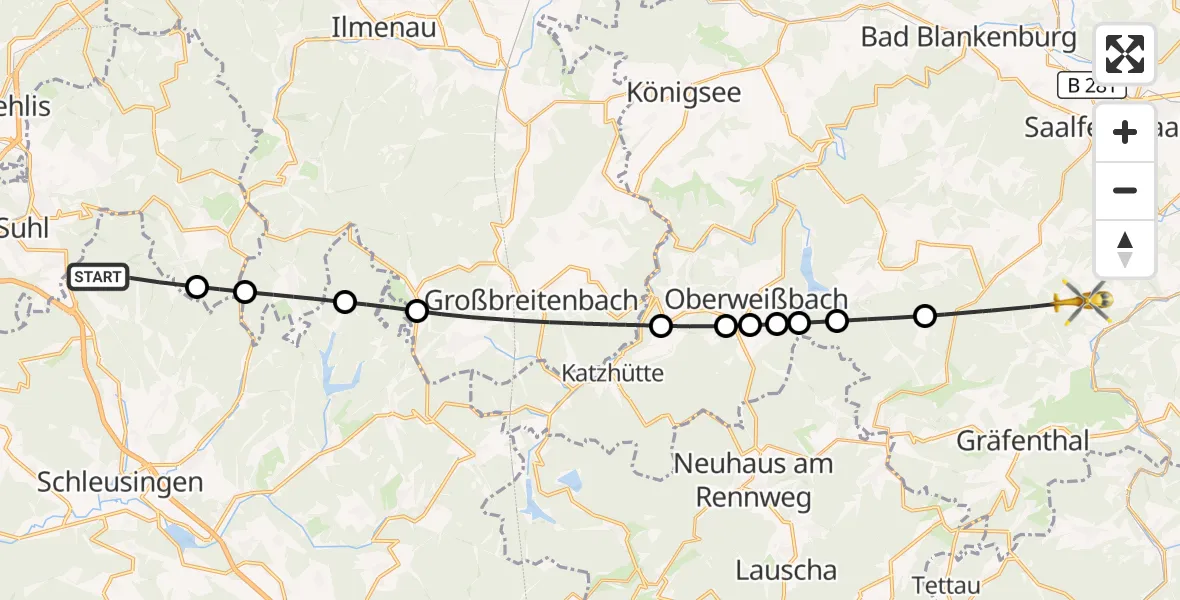 Flugroute Rettungshubschrauber Schleusingen - Saalfeld/Saale, 04 Juni 2026, 16:15