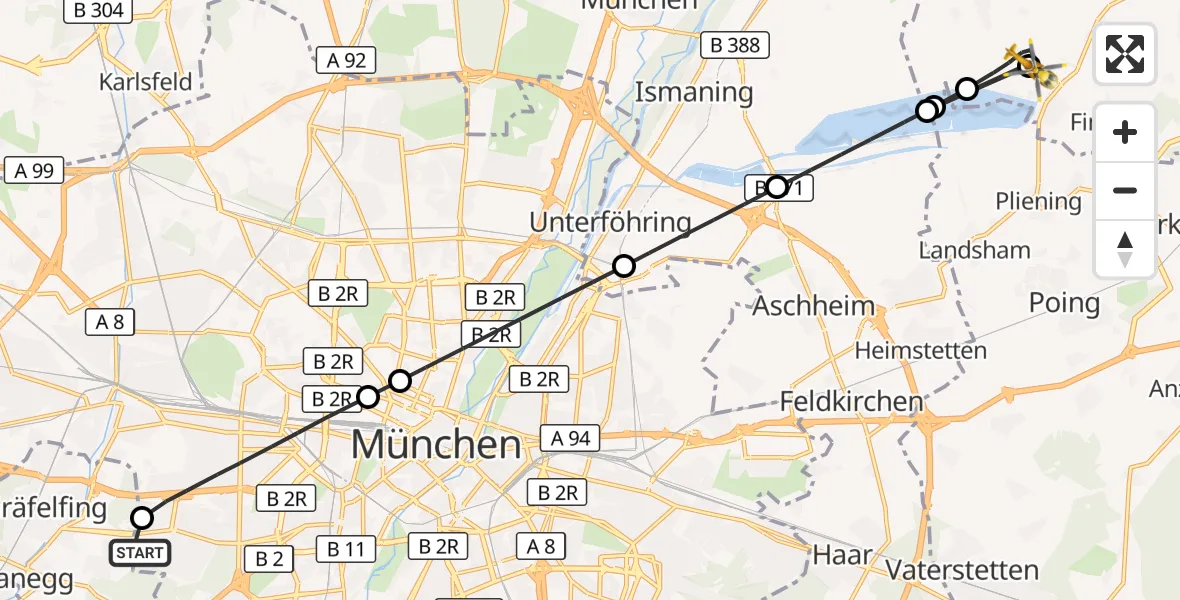 Flugroute Rettungshubschrauber DRF Air Rescue München Hubschrauberlandeplatz - Finsing, 04 Juni 2026, 16:24