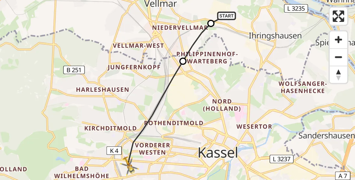 Flugroute Rettungshubschrauber Fuldatal Bundespolizei Hubschrauberlandeplatz - Kassel, 04 Juni 2026, 16:30