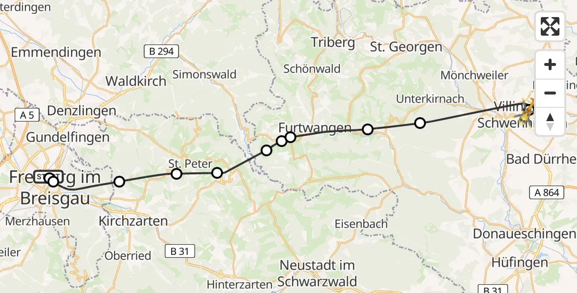 Flugroute Ambulanzhubschrauber Freiburg University Hospital Heliport 2 - DRF Air Rescue Station Villingen-Schwenningen Hubschrauberlandeplatz (Christoph 11), 04 Juni 2026, 16:41