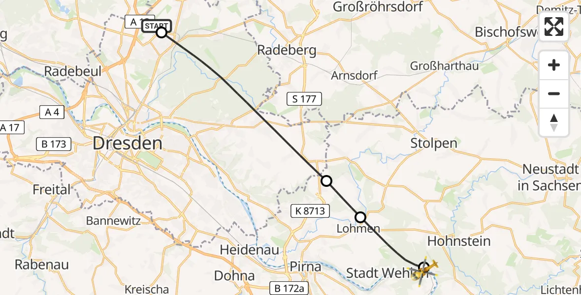 Flugroute Rettungshubschrauber Dresden Bundespolizei Hubschrauberlandeplatz - Rathen, 04 Juni 2026, 16:46