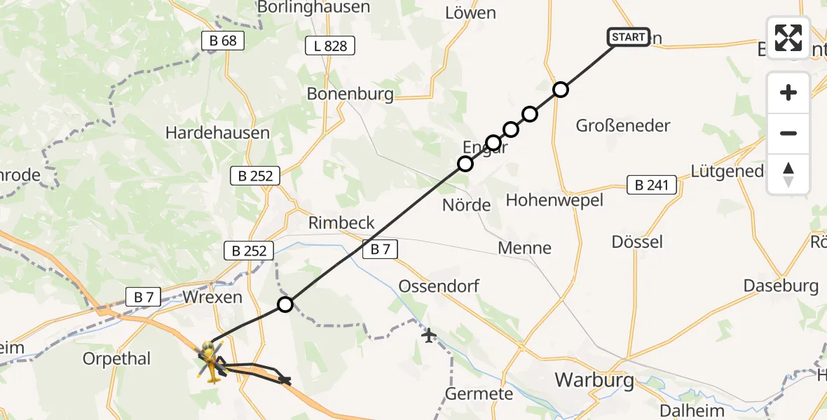 Flugroute Rettungshubschrauber Willebadessen - Diemelstadt, 04 Juni 2026, 17:25