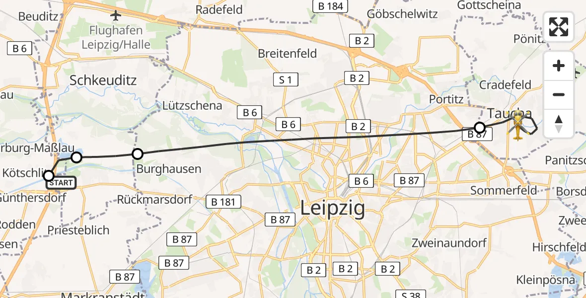 Flugroute Rettungshubschrauber ADAC Air Rescue Station Leipzig/Schkeuditz-Dölzig Hubschrauberlandeplatz (Christoph 61) - Taucha, 04 Juni 2026, 17:34