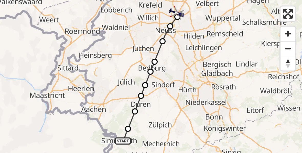 Flugroute Polizeihubschrauber Simmerath - Düsseldorf Flughafen, 04 Juni 2026, 17:35