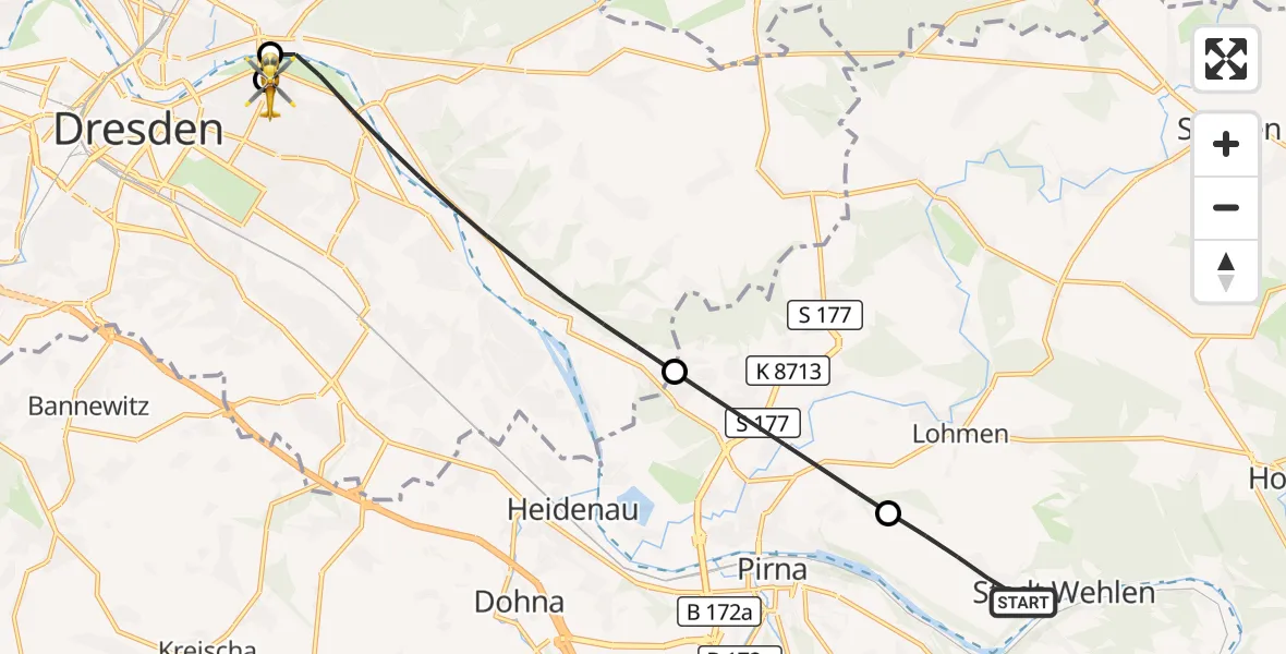Flugroute Rettungshubschrauber Stadt Wehlen - Dresden University Hospital, 04 Juni 2026, 17:36