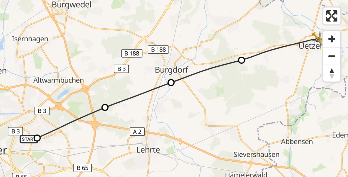 Flugroute Rettungshubschrauber Hannover Luftrettung Hubschrauberlandeplatz (Christoph 4) - Uetze, 04 Juni 2026, 17:39