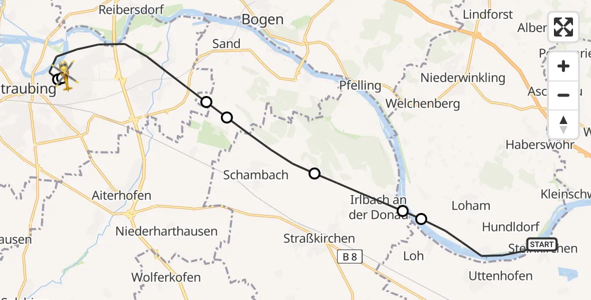 Flugroute Rettungshubschrauber Mariaposching - Sankt Elisabeth Hospital Straubing, 04 Juni 2026, 17:49