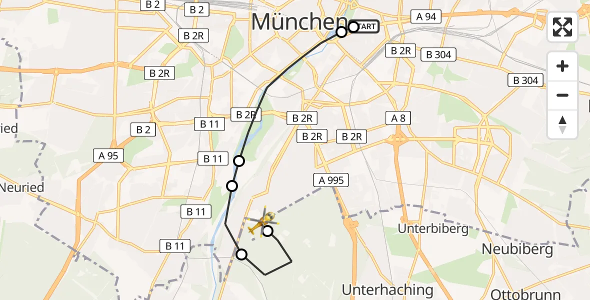Flugroute Rettungshubschrauber Rechts der Isar University Hospital - ADAC Air Rescue Center Hubschrauberlandeplatz (Christoph 1), 04 Juni 2026, 17:58