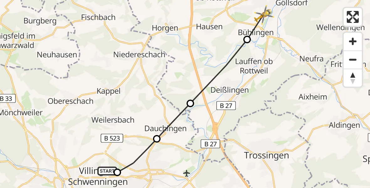 Flugroute Ambulanzhubschrauber DRF Air Rescue Station Villingen-Schwenningen Hubschrauberlandeplatz (Christoph 11) - Rottweil, 04 Juni 2026, 18:05