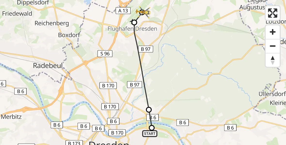 Flugroute Rettungshubschrauber Dresden University Hospital - Dresden Bundespolizei Hubschrauberlandeplatz, 04 Juni 2026, 18:06