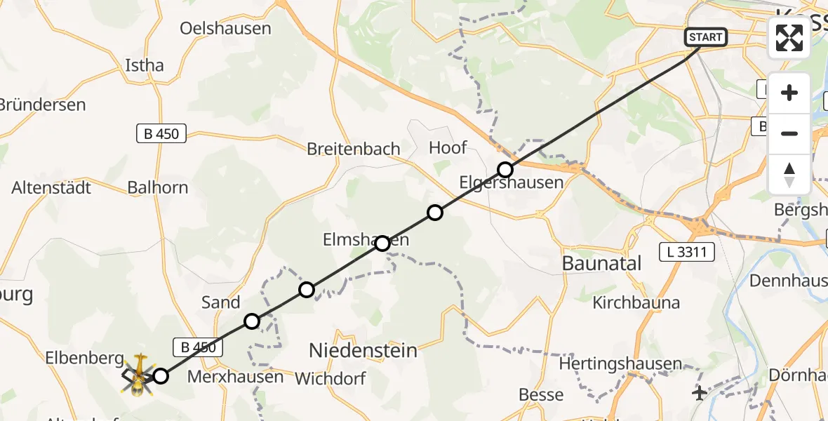 Flugroute Rettungshubschrauber Kassel - Naumburg, 04 Juni 2026, 18:10