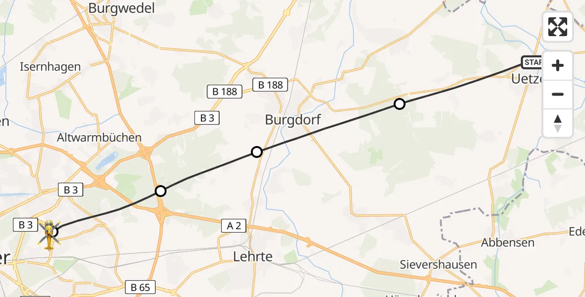 Flugroute Rettungshubschrauber Uetze - Hannover Luftrettung Hubschrauberlandeplatz (Christoph 4), 04 Juni 2026, 18:16