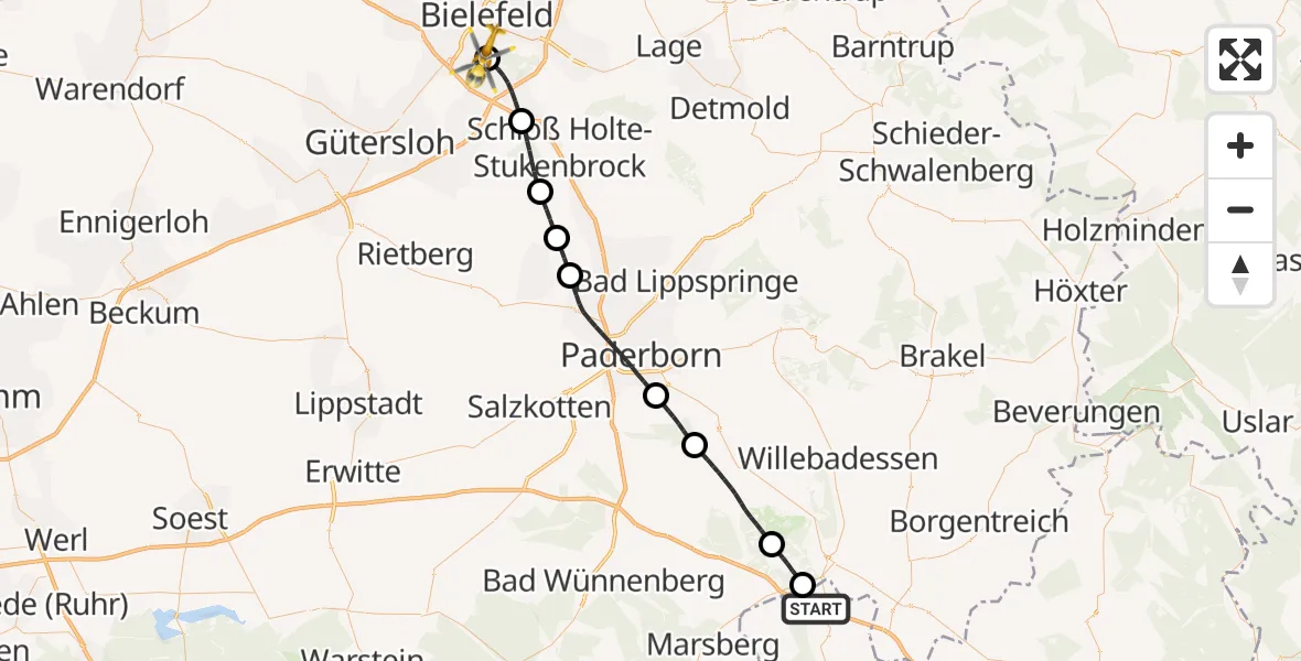 Flugroute Rettungshubschrauber Diemelstadt - Luftrettungszentrum Bielefeld, 04 Juni 2026, 18:21