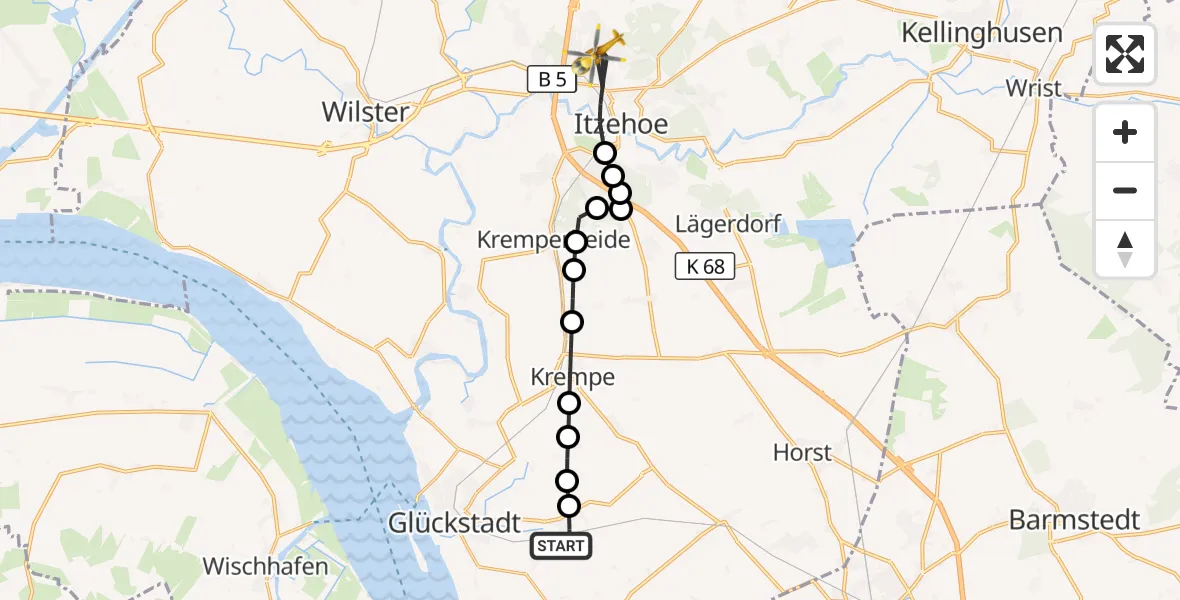 Flugroute Rettungshubschrauber Herzhorn - Itzehoe, 04 Juni 2026, 18:22