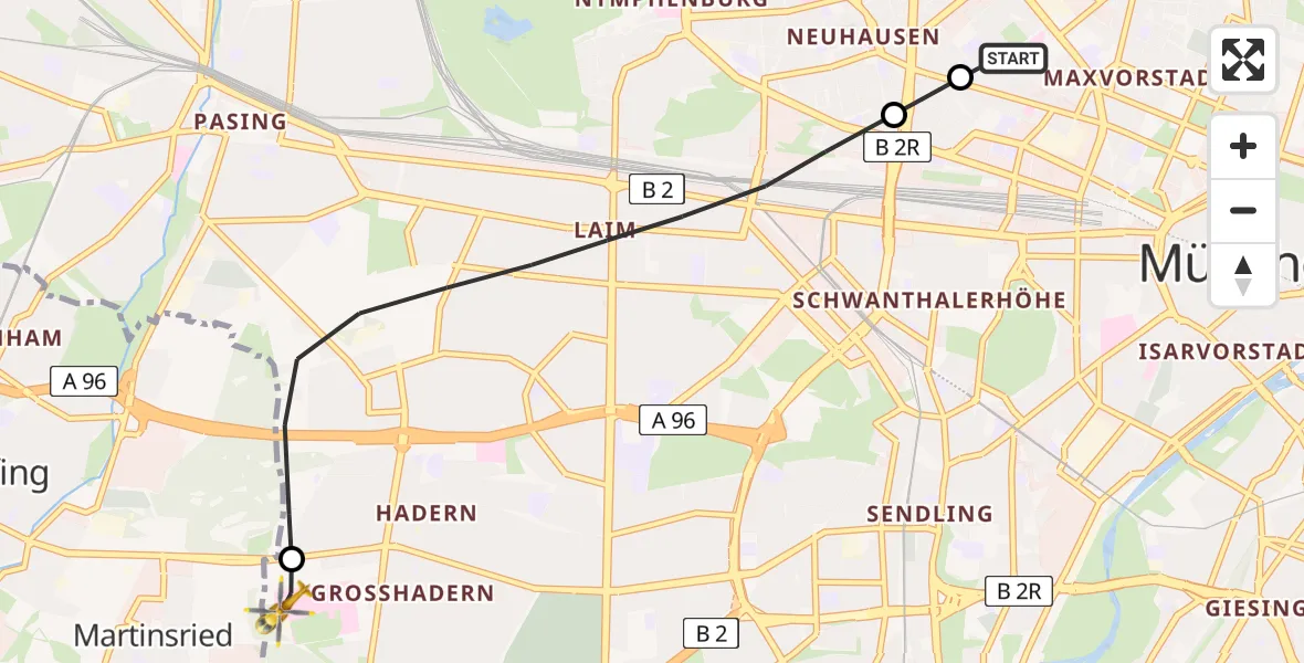 Flugroute Rettungshubschrauber Deutsches Herzzentrum München - DRF Air Rescue München Hubschrauberlandeplatz, 04 Juni 2026, 18:24