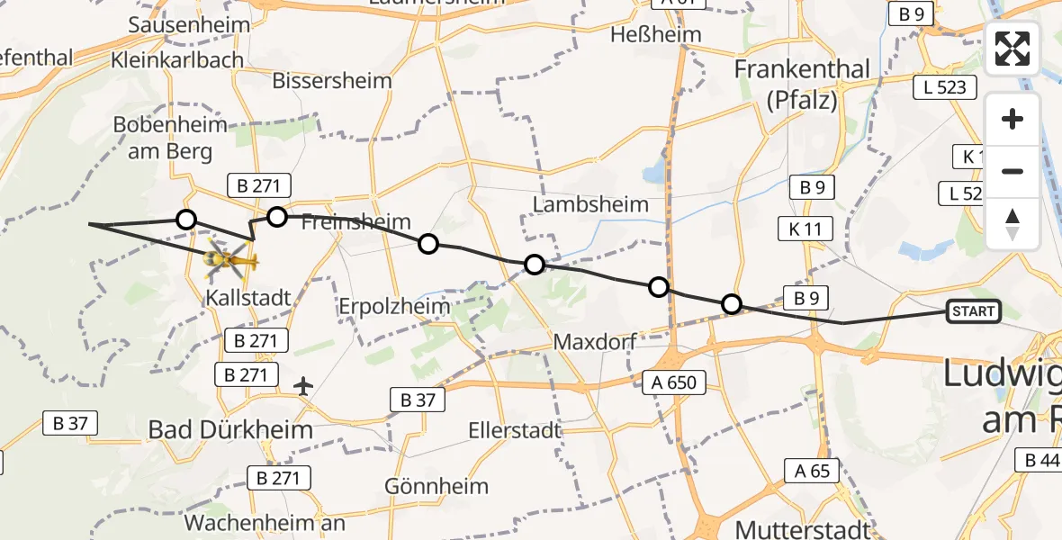 Flugroute Rettungshubschrauber Ludwigshafen am Rhein - Kallstadt, 04 Juni 2026, 18:25