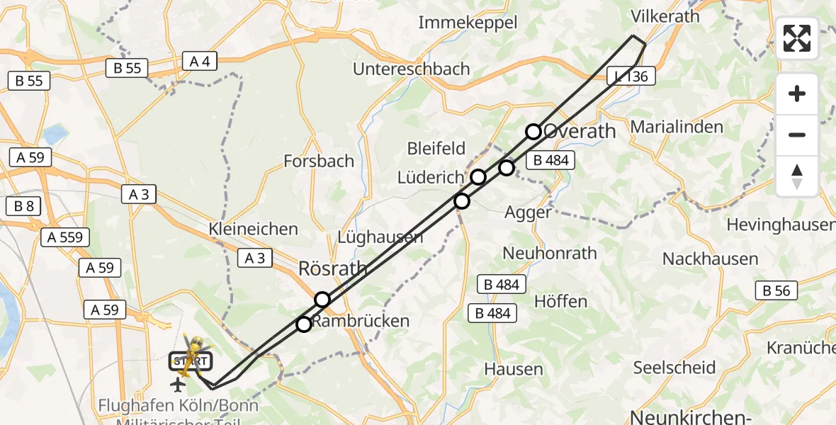 Flugroute Rettungshubschrauber Köln Bonn Flughafen - Köln Bonn Flughafen, 04 Juni 2026, 18:28