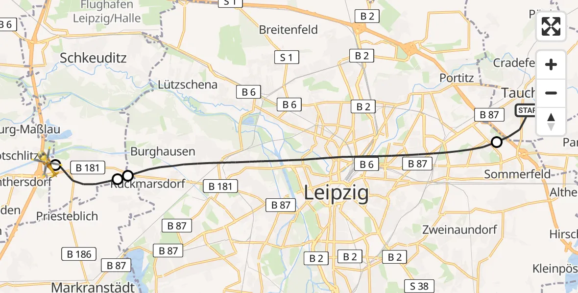 Flugroute Rettungshubschrauber Taucha - ADAC Air Rescue Station Leipzig/Schkeuditz-Dölzig Hubschrauberlandeplatz (Christoph 61), 04 Juni 2026, 18:30