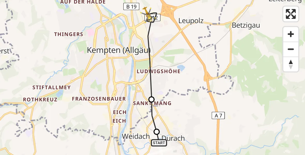 Flugroute Rettungshubschrauber Kempten-Durach Flugplatz - Kempten (Allgäu), 04 Juni 2026, 19:03