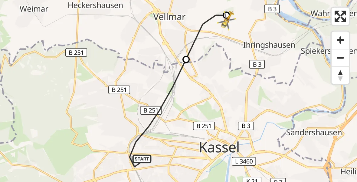 Flugroute Rettungshubschrauber Kassel - Fuldatal Bundespolizei Hubschrauberlandeplatz, 04 Juni 2026, 19:04