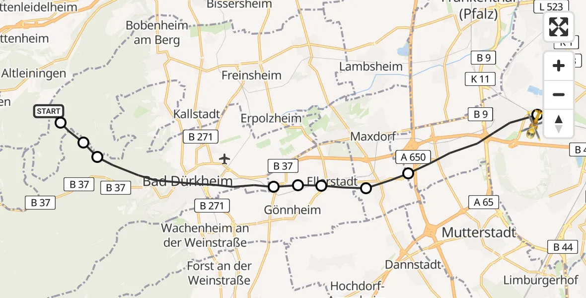 Flugroute Rettungshubschrauber Altleiningen - Ludwigshafen Accident Hospital, 04 Juni 2026, 19:06