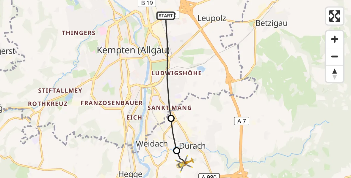 Flugroute Rettungshubschrauber Kempten (Allgäu) - Kempten-Durach Flugplatz, 04 Juni 2026, 19:27