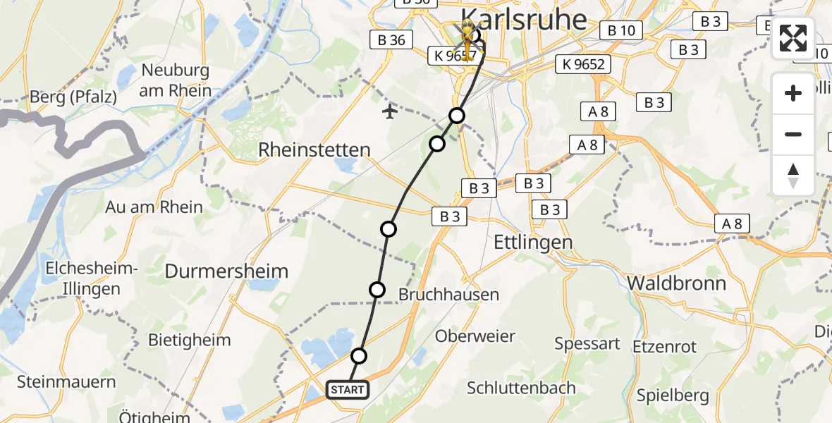 Flugroute Ambulanzhubschrauber Malsch-Ettlingen Ultraleichtflugpark - Sankt Vincentius Hospital, 04 Juni 2026, 19:34