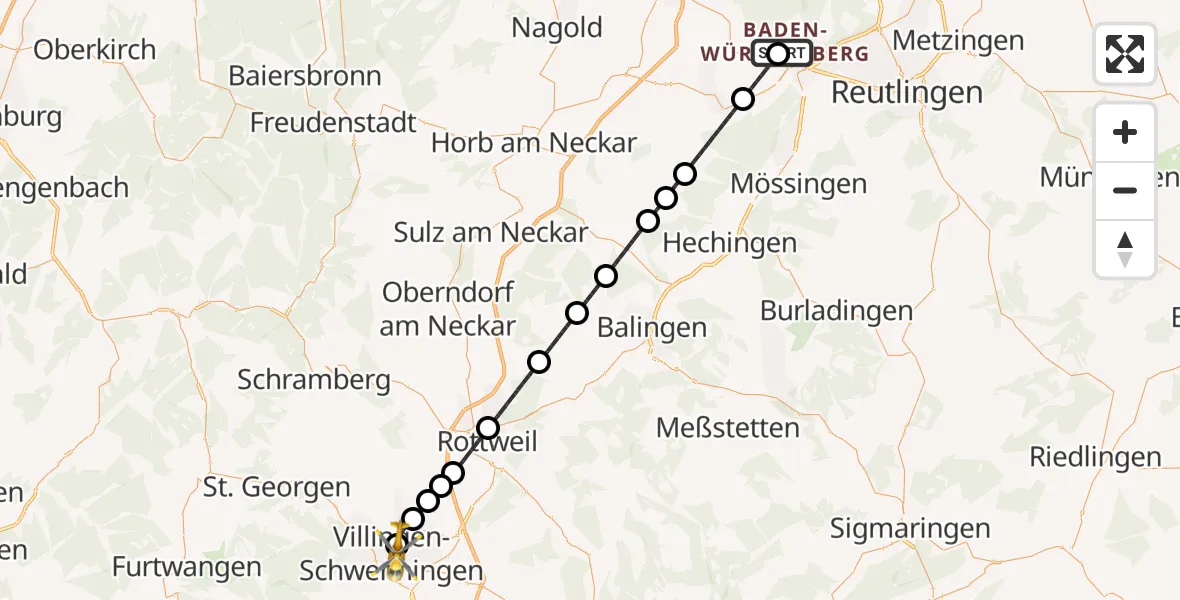 Flugroute Ambulanzhubschrauber Tübingen University Hospital - DRF Air Rescue Station Villingen-Schwenningen Hubschrauberlandeplatz (Christoph 11), 04 Juni 2026, 19:38