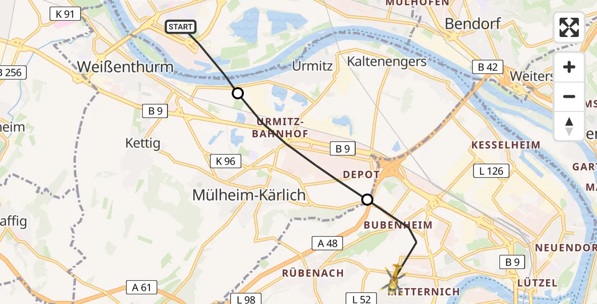 Flugroute Rettungshubschrauber Neuwied - Koblenz, 04 Juni 2026, 19:56