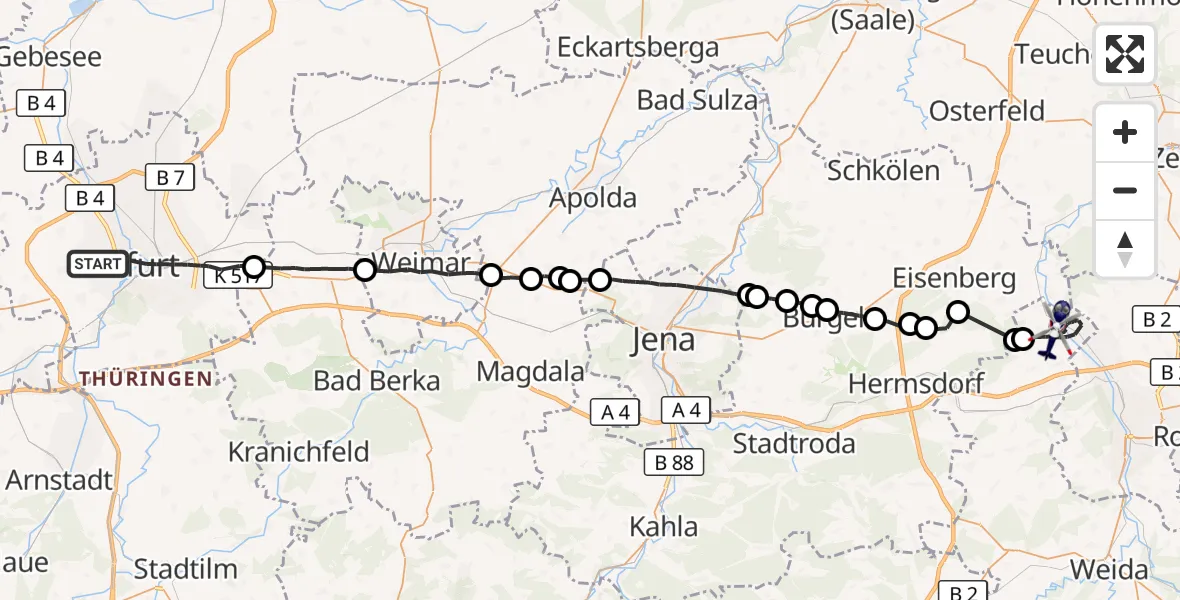 Flugroute Polizeihubschrauber Erfurt - Bad Köstritz, 04 Juni 2026, 19:56