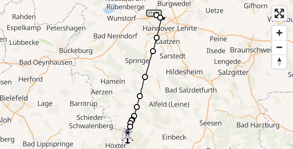 Flugroute Polizeihubschrauber Flughafen Hannover - Holzminden, 04 Juni 2026, 21:46